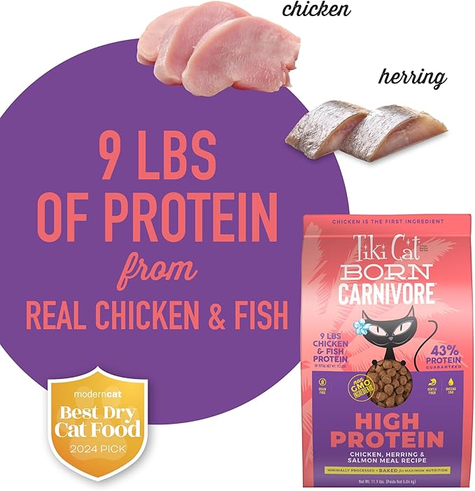 Tiki Cat Born Carnivore High Protein Dry Cat Food, Chicken, Herring & Salmon Meal, 11.1 lbs. Bag