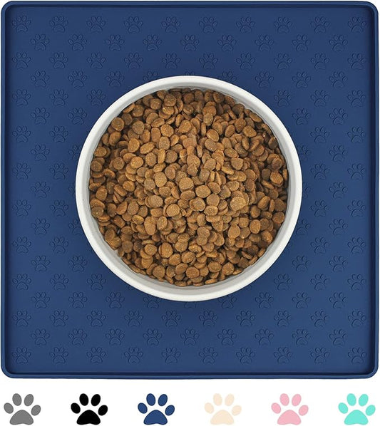 Ptlom Pet Placemat for Dog and Cat, Waterproof Non-Slip Silicone Feeding Bowl Mat Prevent Food and Water Overflow, Puppy Dish Feeder Fountain Trays Suitable for Medium and Small Pets, Navy Blue
