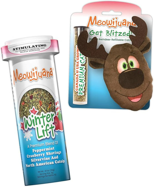 Meowijuana | Furry and Bright Bundle | Get Blitzed Reindeer and Winter Lift | Promotes Play and Cat Health | Includes Organic Catnip | Feline and Cat Lover Approved