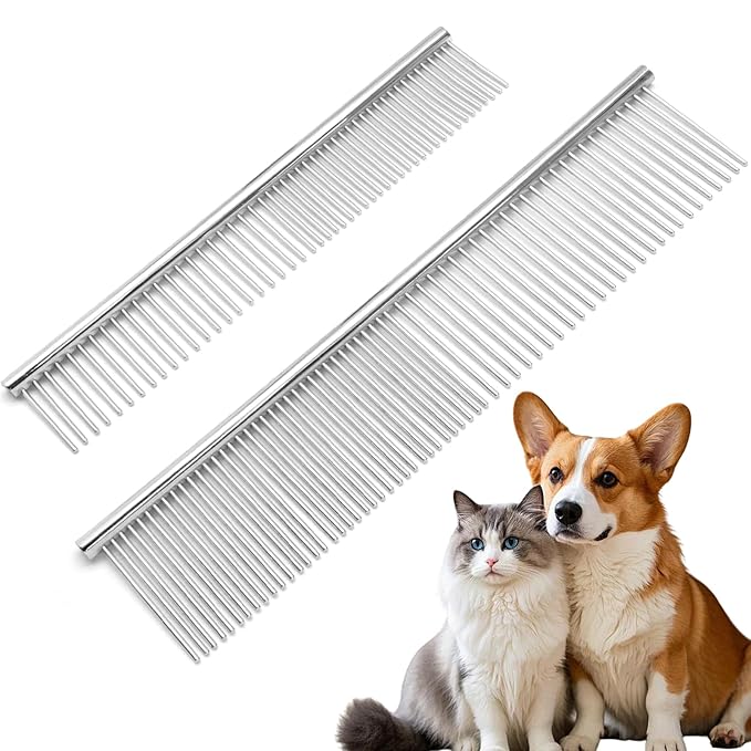 Biaungdo 2 Pcs Dog Grooming Combs Set, Metal Dog Comb for Removing Tangles and Knot, Cat Brush Grooming Tool for Long Haired Pets