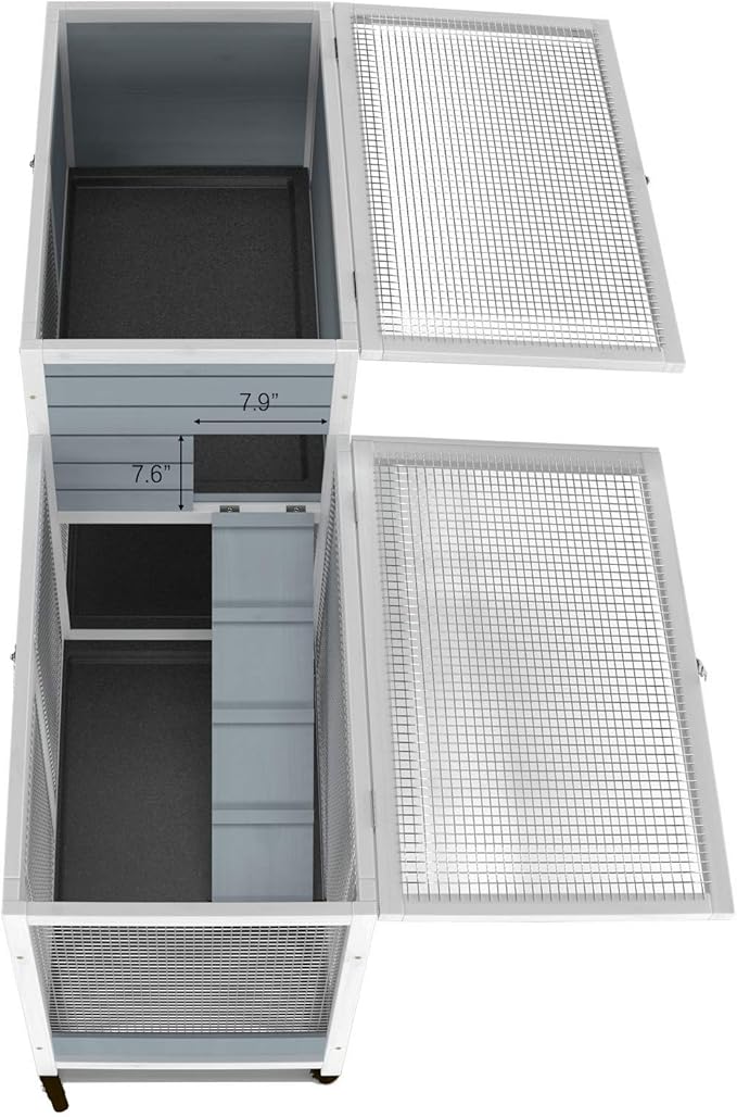 GDLF Two Floors 58" Wooden Indoor Bunny Hutch Rabbit Cage on Wheels Guinea Pig PET House for Small to Medium Animals Waterproof No Leak Tray