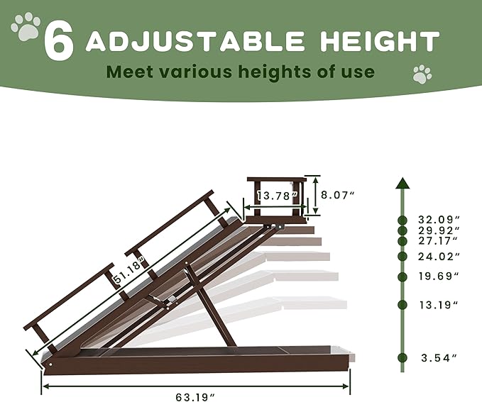 6 Level Height Adjustable Dog Ramp for Bed, Couch 65" Foldable Pet Ramp with Non-Slip Mat，DIY Glow Strips & Rest Platform Heavy Duty Dog Stairs for Large Dogs up to 200Lbs ，Brown