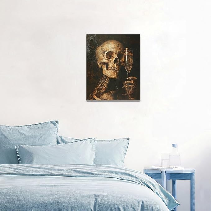 Quorin Gothic Skeleton Wall Art Goth Skull Champagne Wall Decor Dark Academia Pictures Horror Canvas Print Painting Artwork for Bathroom Living Room Bedroom 16"x20"