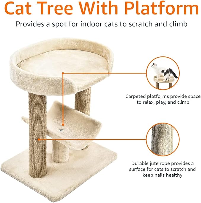 Amazon Basics Multi- Platform Cat Tree with Scratching Post for Indoor Cats up to 25lbs, 18 x 14 x 22 Inches, Beige