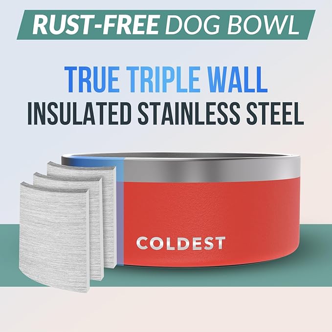Coldest Dog Bowl - Anti Rust Metal, Non Slip, 3 Layers Insulated Stainless Steel Dog Bowls - Spill Proof & Heavy Duty - Water Bowl for Dogs, Cats & Pets, Dish Washer Safe (100 oz, Crimson Red)