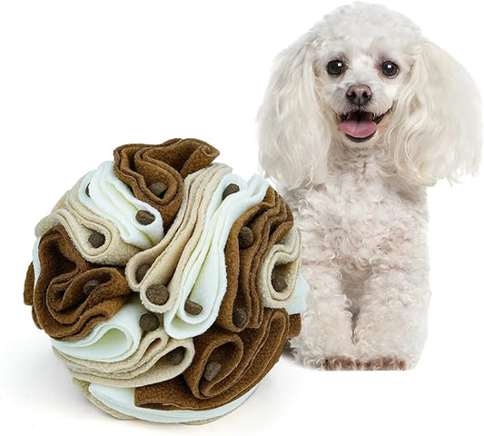 Pet Snuffle Ball, Puzzle Sniffing Interactive Dog Ball for Blind Dogs Training Stress Relief Dog Enrichment Toys Treat Machine Washable (Milk Tea Brown, 10cm)