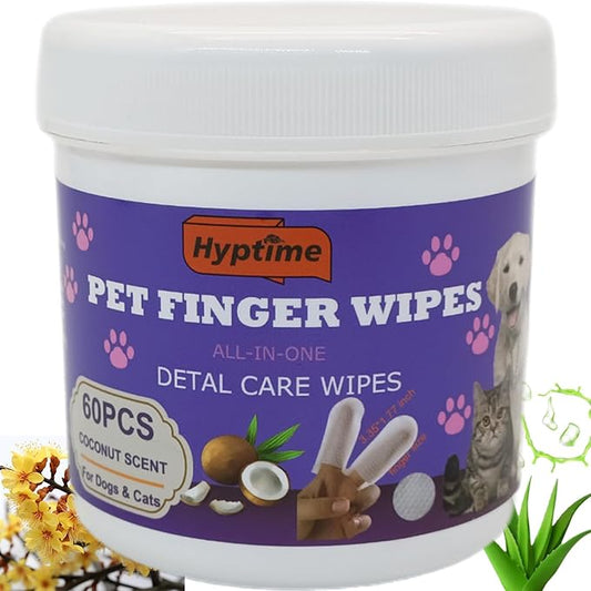 Pet Teeth Cleaning Finger Wet Wipes for Dogs and Cats Easy Oral Care Ear Eye Soft Disposable Wipe Dog Cat Toothbrush Cleaner Safe Non-Irritating Grooming Kit Care 60 Counts