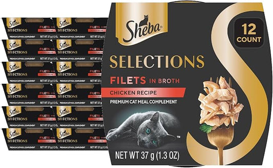 Sheba Selections Filets in Broth Adult Wet Cat Meal Complement Chicken Recipe, 1.3 oz. Cups, 12 Count