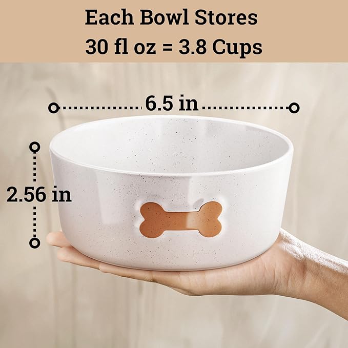 Ceramic Dog Bowl Set of 2 with Anti-Skid Base - 6.5" Wide x 2.5" Tall Ceramic Dog Bowls Medium Sized Dogs - 3.8 Cup Capacity Food and Water Bowls for Dogs - Rubber Bottom Pet Bowl Set of 2 Medium Size