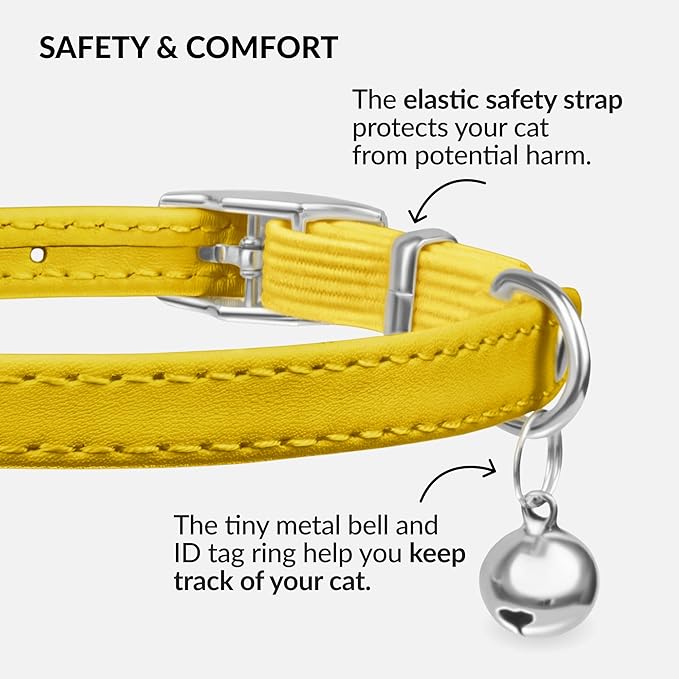 CollarDirect Leather Cat Collar with Bell - Kitten Collar, Small and Big Cat Strap for Boy Cats, Girl Cats with Safety Elastic Strap (Neck Fit 6"-7", Yellow)