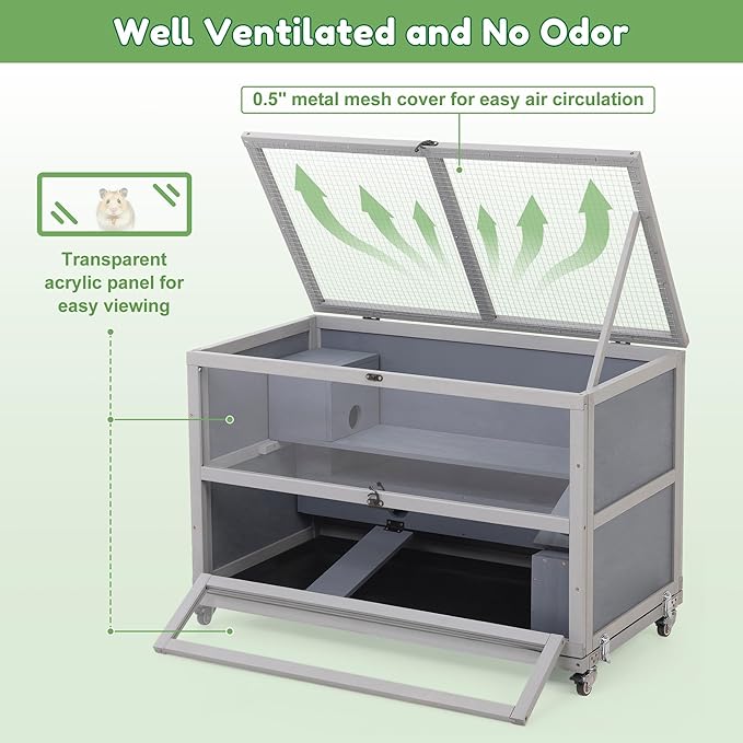 Coziwow Hamster Cage 35.4'' with Removable Ramps & Tray, Small Animals Hutch with Wheels & 2 Openable Doors, 3-Tier Wooden Cage for Dwarf Syrian Hamster, Mice, Rat, Rabbit