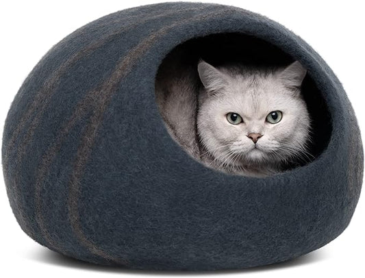 MEOWFIA Cat Cave – Premium Felt Cat Bed for Indoor Cats, Handmade 100% Merino Wool (Medium, Slate Grey)