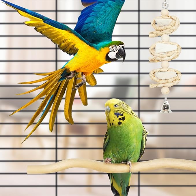 Bird Perches for Cage 6pcs Natural Bird Stand Branch for Cage with Hanging Bridge, Parrot Swing Toys Chewing Climbing Standing Branches Wood Pole Paw Grinding Fork Parakeet Platform