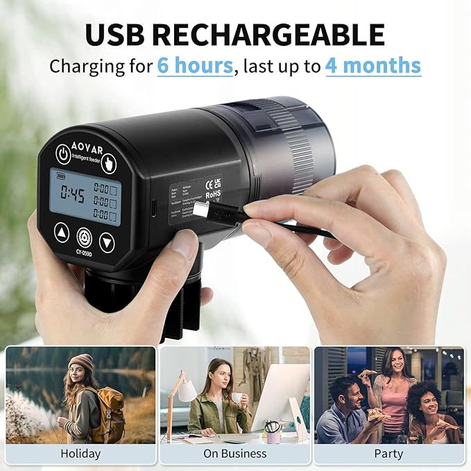 Automatic Fish Feeder Dispenser for Aquarium: Rechargeable Auto Feeders for Tank Turtle Pond Betta - 200ml Smart Food Feeding Timer Dispensers for Flake Pellet Vacation Weekend