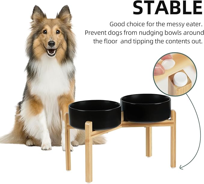 Ceramic Raised Double Bowls Set with Stand, Food & Water Bowls for Large Breed Dogs, Weighted Dog Dishes, Pet Bowl(8.2'',60OZ, Black)