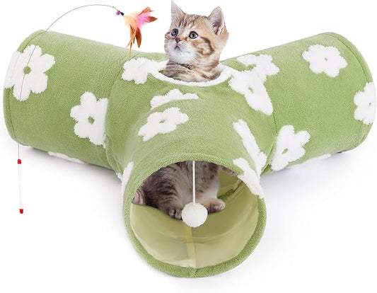 Tempcore Flannel Pet Cat Tunnel Tube Cat Toys 3 Way Collapsible, Cat Tunnels for Indoor Cats，Kitty Tunnel Bored Pet Toys Peek Hole Toy Ball Puppy, Kitty, Kitten, Rabbit Daisy Green