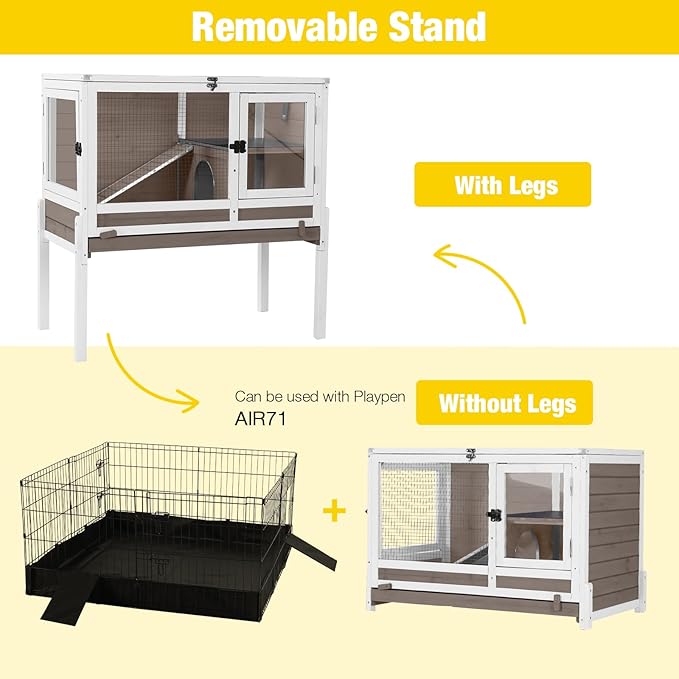 Aivituvin Rabbit Hutch with Stand Wooden Bunny Cage Indoor 2 Story Guinea Pig House with Anti Chew Ramp, No Leak Tray, Hideout, Wire Mesh (Brown)