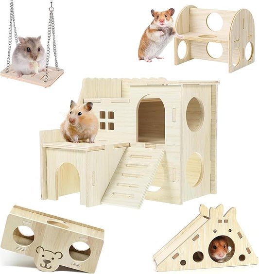 Hamster Toys 5-Piece Set ，Hamster House, Swing, Climbing Ladder, Seesaw & Exercise Wheel，Pet DIY Sport Exercise Toys Set, Small Animal Habitat Accessories ，Gerbils, Mice（Natural Wood）