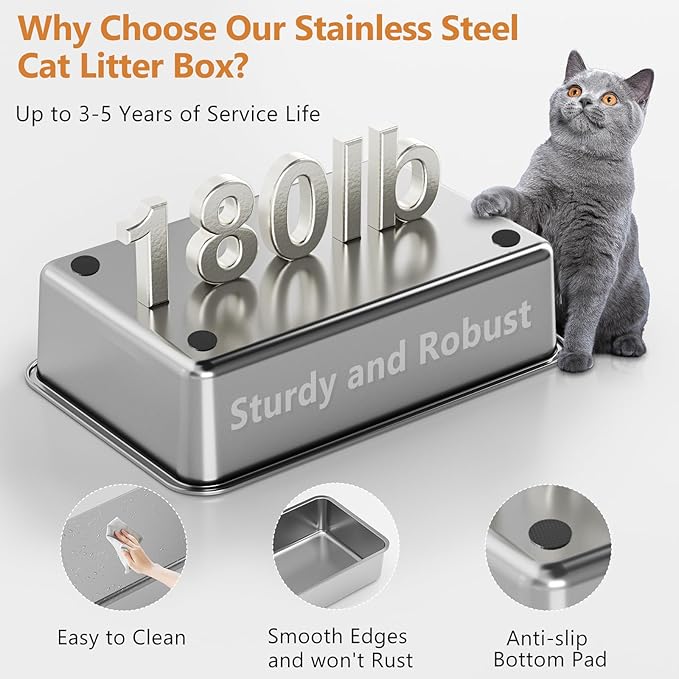 Stainless Steel Cat Litter Box with Lid, XL Extra Large Litter Box for Big Cats, Enclosed Removable Metal Litter Boxs with High Sided Enclosure & Scoop, Anti-Leakage, Non-Sticky, Easy Cleaning(Grey)