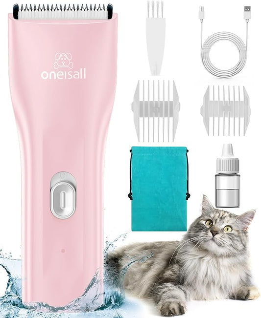 oneisall Pet Clipper for Cat Matted Hair, Pet Shaver for Cats Quiet Pet Clippers Waterproof Cordless Cat Clippers for Matted Hair Long Hair with Storage Bag (Pink)