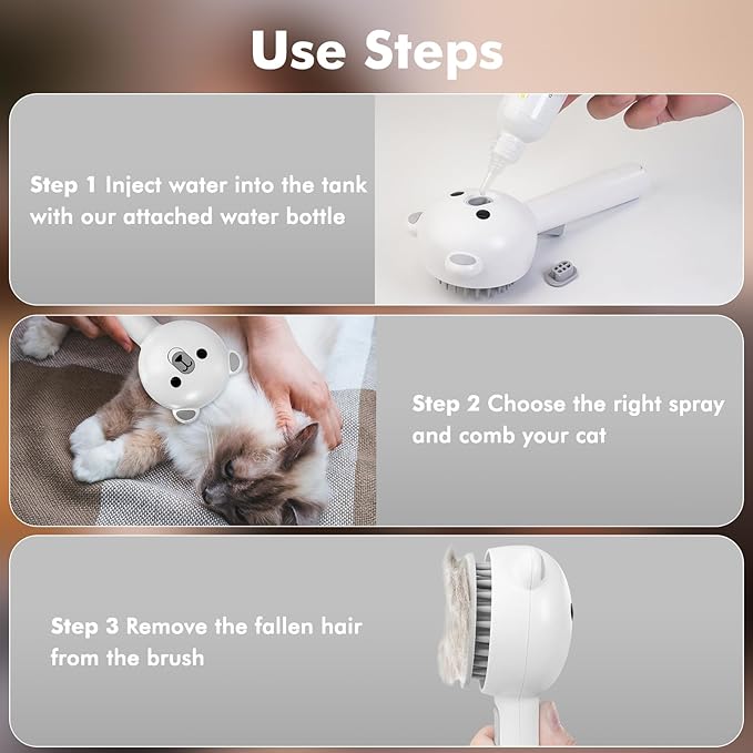 4 in 1 Pet Steam Brush for Cat & Dog, Cat Steam Brush for indoor Cats, Self Cleaning Shedding & Grooming Tool with Waterless Shampoo, Pet Spray Hair Removal Comb with Release Button & Water Tank