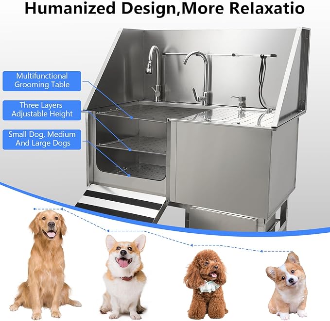 50" Dog Washing Station, Professional Stainless Steel Pet Dog Bathing Station with Ramp, Faucet, Storage Drawer, Floor Grate Dog Bathtub for Large, Medium, Small Pets (Right Ramp)