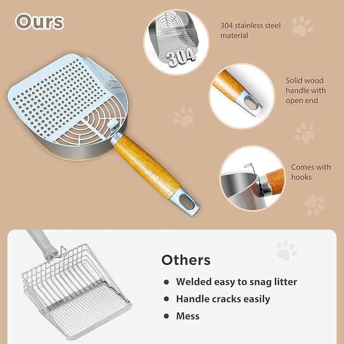 Cat Litter Scoop, Litter Scooper, Metal Cat Litter Scoop, Stainless Steel Cat Litter Scoop, Kitten Pooper Lifter, Kitty Metal Scooper with Holder for Cat Litter Box Round Holes Easy Cleaning