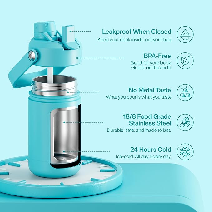 Kids Insualated Water Bottle with Straw - 12oz Stainless Steel Water Bottle with Dual Spouts, Leak-Proof, BPA-Free, Double Wall Vacuum Keeps Cold for 24 Hours for Sports, Travel (Aquamarine Blue)