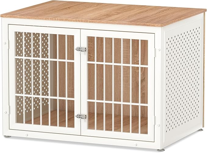 42" Heavy Duty Dog Crate Furniture for Large Dogs, Metal Kennel for High Anxiety Dogs, White Wooden Cage Furniture Indoor, Decorative Dog Kennel End Table, XL