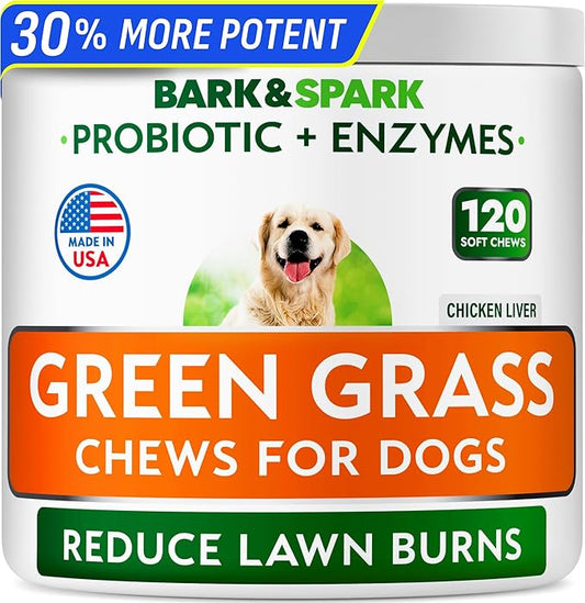 BARK&SPARK Green Grass Chews - Pee Grass Spot Saver Caused by Dog Urine - Urine Neutralizer for Lawn, Gut Health Probiotics & Digestive Enzymes,Lawn Burn from Dog Urine, Grass Burn Spot Chews, Rocks