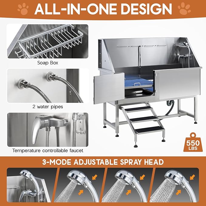 Albott 60 Inch Stainless Steel Dog Washing Station with Anti-Slip Steps, Sprayer, Faucet, Soap Box, Tow Rope – Professional Pet Bathtub for Large Pets, Ideal for Home, Garage, and Grooming(Left)