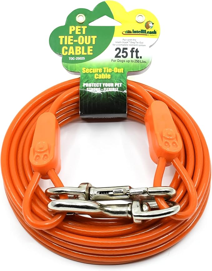 25FT Tie-Out Cables for Dogs - Strong, Safe, and Durable Dog Tie-Outs for Every Breed up to 250 Pounds - Weather and Wear Resistant Galvanized Aircraft Cable for Outside Use