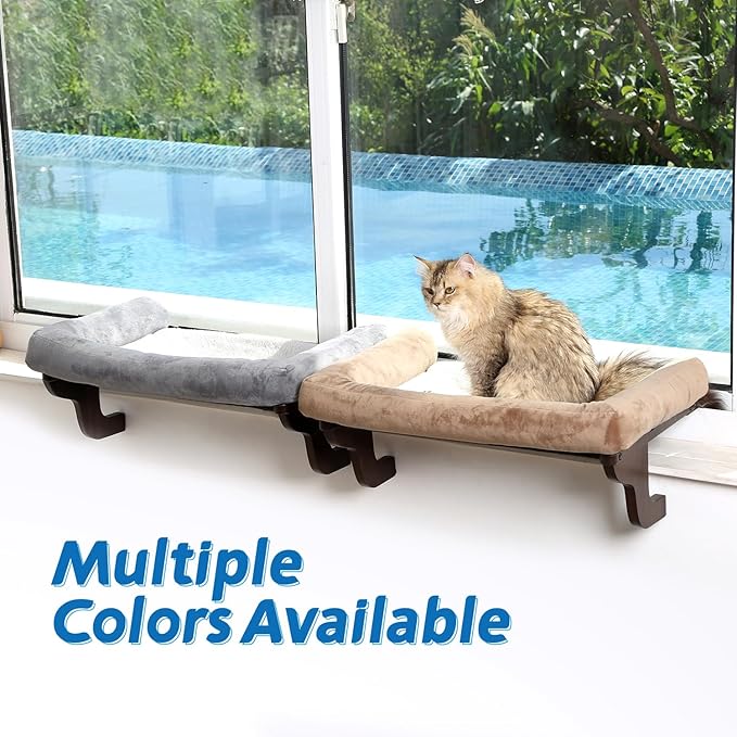 Cat Perch for Window Sill with Bolster - Orthopedic Hammock Design with Premium Hardwood & Robust Metal Frame - Cat Window Seat for Large Cats and Kittens - Dark Stained Wood with Gray Bed