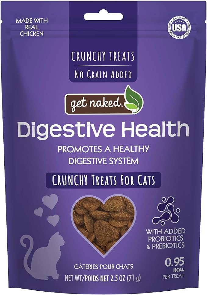 Get Naked Digestive Health Crunchy Cat Treats 2.5oz - Chicken Flavor, Grain-Free Cat Probiotics for Indoor Cats, Supports Healthy Digestion, Dental Health & Immunity, Made in The USA