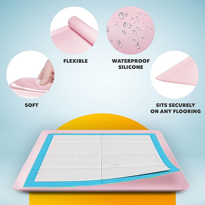 TidyFriend 2 Pack Dog Pee Pad Holder Tray Fits for 24” x 24” Wee Wee Pee Pads - Stable Grip, Raised Edges, Quick-Wipe Silicone Surface Dog Potty Tray Holder for Indoor Flooring Protection (Rose)