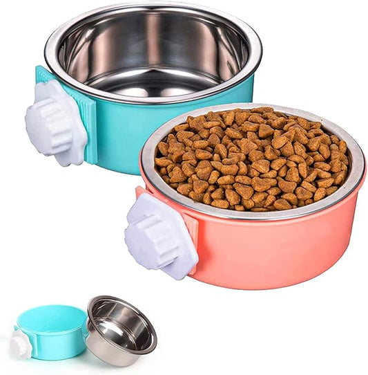 HERCOCCI Dog Crate Bowl, Removable Stainless Steel Pet Kennel Cage Hanging Food Bowls and Water Feeder Coop Cup Prevent Overflow for Puppy, Medium Dog, Cat, Rabbit, Ferret (2PCS)