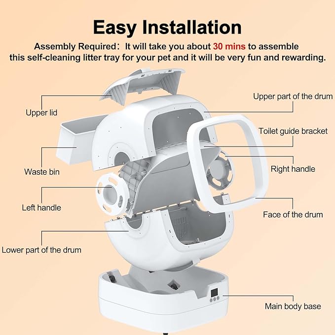 Automatic Cat Litter Box Self Cleaning - APP Control and Weight Monitoring - Ultra-Quiet, Suitable for Medium Cats and Kittens, Safe Anti-Pinch Litter Box (Assembly Required) -White