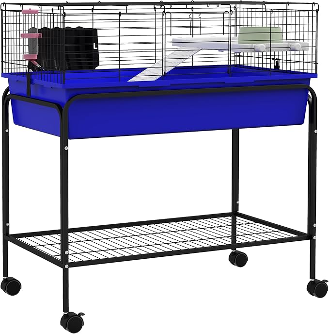 PawHut Two-Story Small Animal Cage Removable from Stand, Guinea Pig Cage with Shelf & Wheels, Pet Habitat for Hedgehog, Chinchilla, Ferret, 33" x 18.5" x 35", Blue