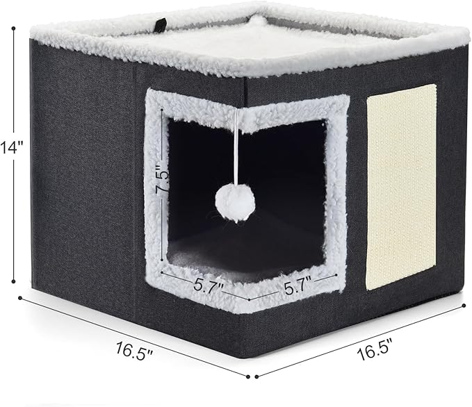 petizer Cat Bed for Indoor Cats, Large Covered Cat House with Scratch Pad, Foldable Cat Cave Bed & Hideaway Cube with Reversible Cushions, Cute Cat Condo for Multi Small Pet Kitten (Blue)