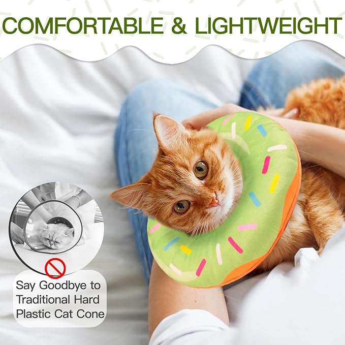 Cat Cone Collar Soft, Cute Cat Donut Collar After Surgery, Adjustable Kitten Recovery Cones to Stop Licking, Lightweight Neck Elizabethan Collars for Cats Kittens (Green, Large)