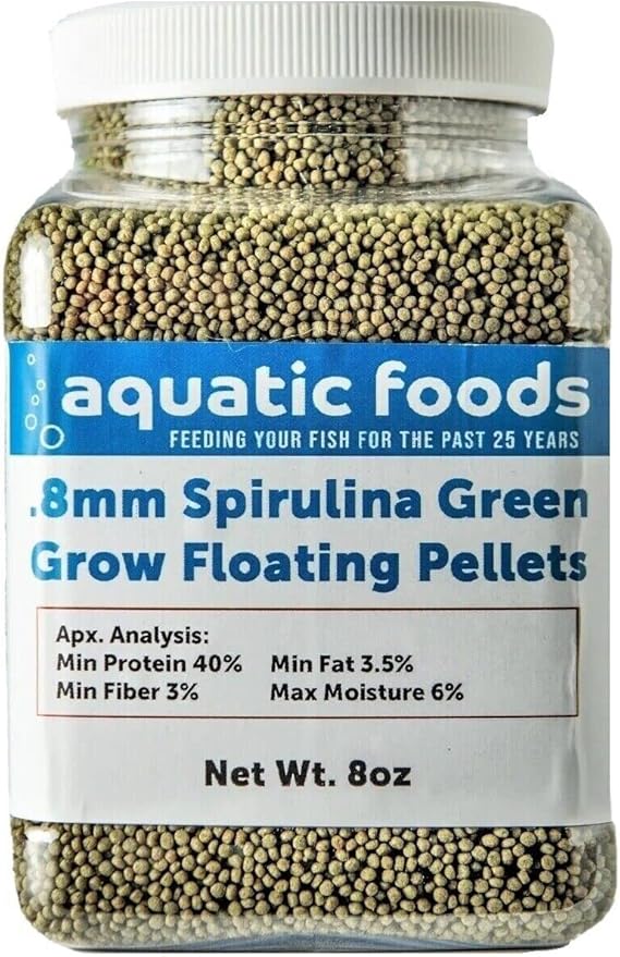 Aquatic Foods Inc. Spirulina Micro .8mm Floating Pellets for African Cichlids, Discus, Guppies, Tetras, Live Bearers, Baby Cichlids, Baby Koi, All Tropical and Pond Fish...8oz Jar
