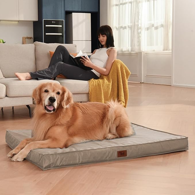 Outdoor Large Dog Bed, Waterproof Dog Bed for Large Dogs, Egg Crate Foam Pet Bed with Removable Washable Oxford Cooling Cover, Khaki