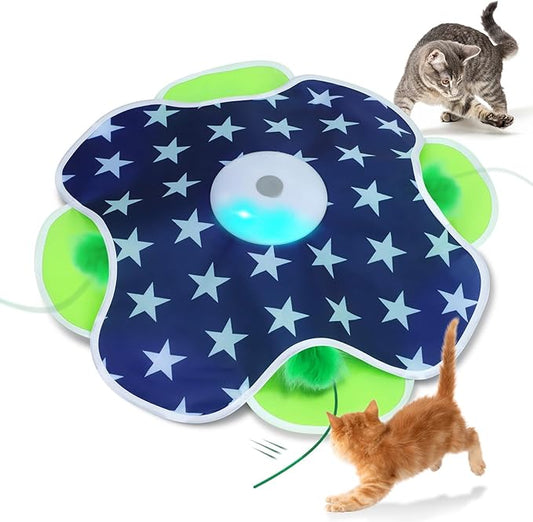 Interactive Cat Toys Auto Moving Feather Concealed in Mat,Motion Activated Cat Toys with Mouse Squeaky, Cat Exercise Toys for Bored Cats
