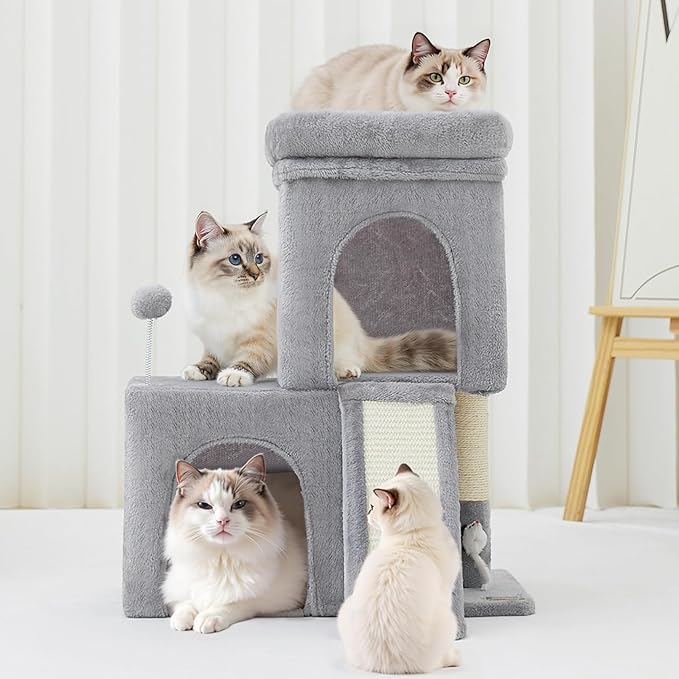 24inch Tall cat Tree with 2 cat condo and Mouse Toy Cozy Small cat Tower with Scratching Post and Board for Kitties and Small Cats.（Light Grey）