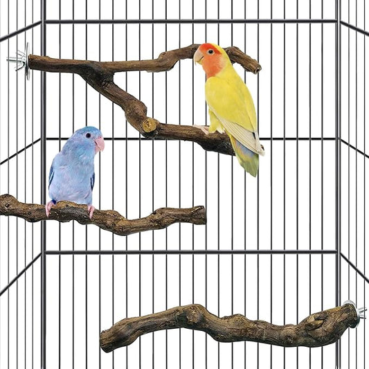 kathson 3pcs Natural Parrot Perch for Cage Wooden Bird Perches Grape Bird Stick Parakeet Climbing Standing Branches Toy Chewable Cage Accessories for Small Budgies Cockatiels Lovebirds Budgies