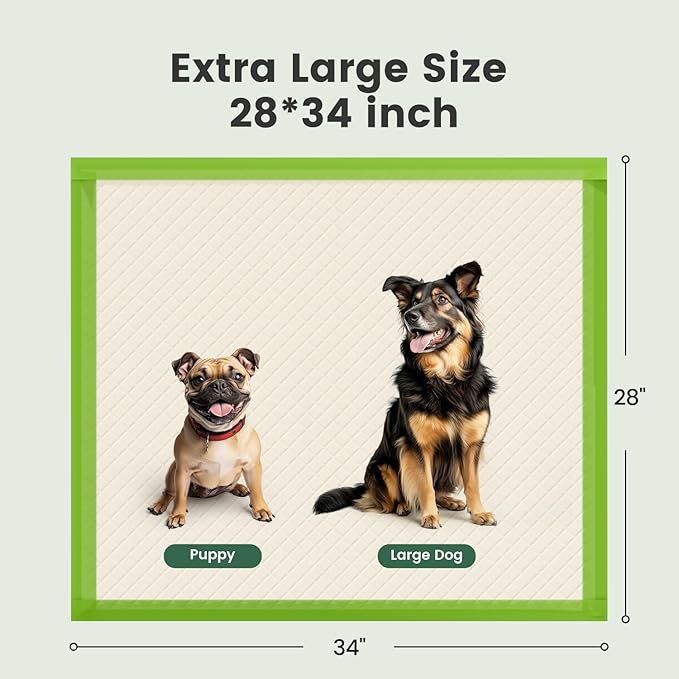 Gardner Pet Dog Pee Pads Extra Large 28"x34", XL Thicker ECO Green Disposable Puppy Training Pads Super Absorbent Full Edge-Wrapping Pad for Dogs, Puppies, Cats, Rabbits (50 Count)