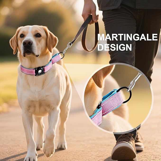 Airtag Dog Collar with Martingale Design, IP68 Waterproof Air Tag Collar Holder, Adjustable Reflective Soft Padded Nylon Dog Collar for Large Medium Small Dogs