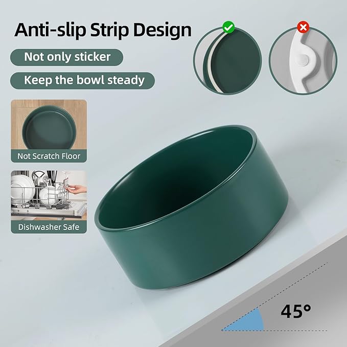 Ceramic Raised Double Bowls Set with Stand, Food & Water Bowls for Medium Breed Dogs, Weighted Dog Dishes, Pet Bowl(7.3'',41OZ, Green)