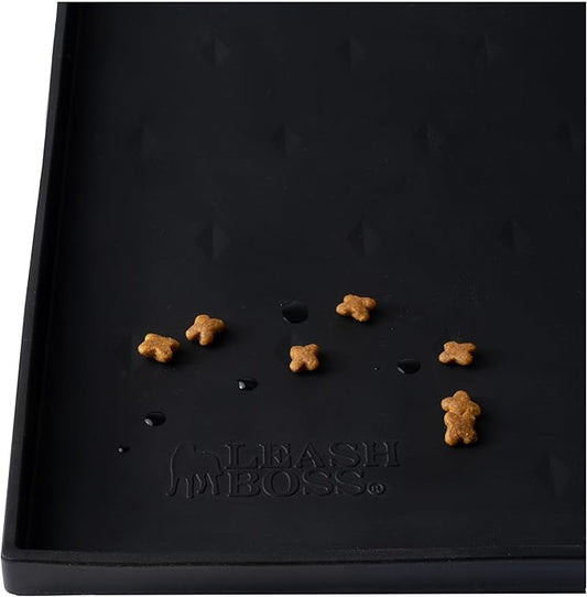 Leash Boss Dog Food Mat for Food and Water Bowls, Waterproof Silicone Pet Feeding Mat for Floors, Extra Tall Raised Edges, Cat and Dog Placemat for Floors, Dishwasher Safe (XXL: 30" x 22" - Black)