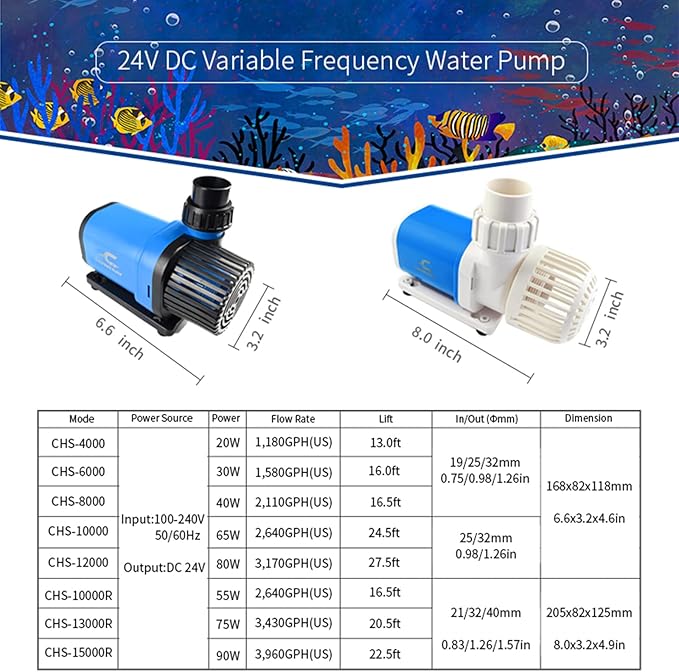CONQUERALL 1580GPH 30W 16.0ft DC Controllable Pump CHS-6000 Durable Pump Wave Submersible and Inline for Marine Coral Reef Tank Sump Circulation